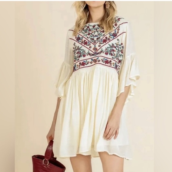 UMGEE Ivory Floral Embroidered Ruffle Tiered Sleeve Tunic Dress Size Small Boho - Picture 1 of 8